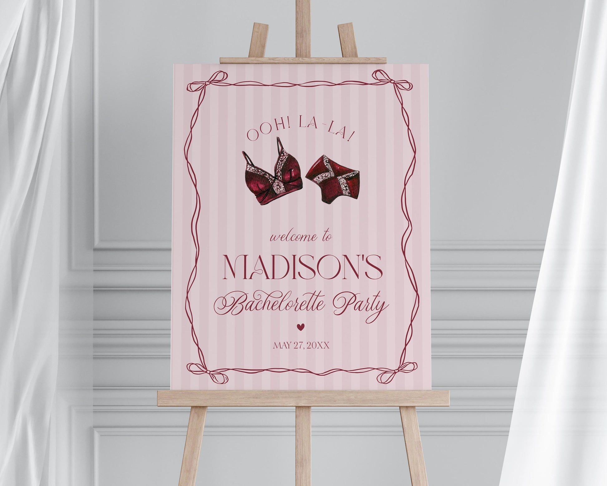 Burgundy Lingerie Bachelorette Party Welcome Sign Template, Lace Panty Party Lingerie Shower, Oh la la French Bridal Shower Spoil Her WP1076