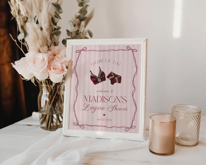 Burgundy Lingerie Shower Welcome Sign Template, Lace Panty Party Bachelorette Party, Oh la la French Bridal Shower, Spoil Her WP1076