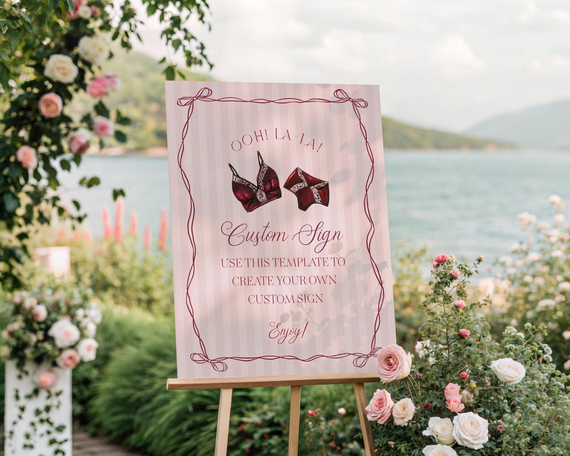 Burgundy Lingerie Shower Custom Sign Template, Lace Panty Party Bachelorette Party, Oh la la French Bridal Shower, Spoil Her WP1076