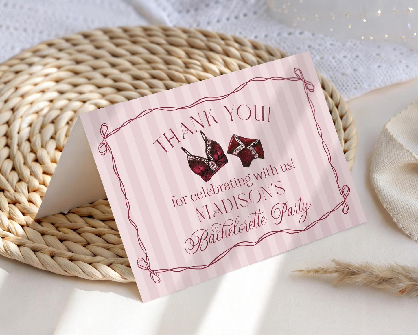 Burgundy Lingerie Shower Thank You Card Template, Lace Panty Party Bachelorette Party, Oh la la French Bridal Shower, Spoil Her WP1076