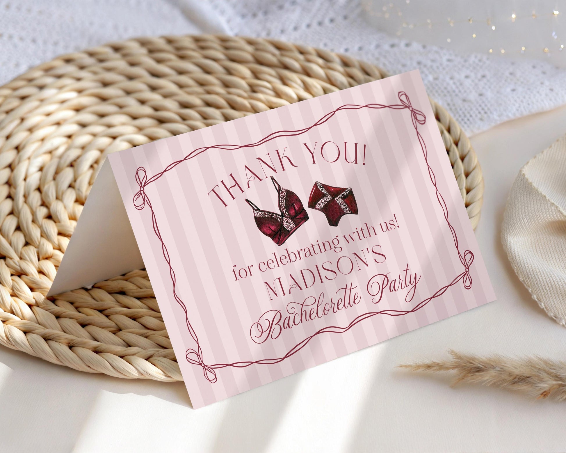Burgundy Lingerie Shower Thank You Card Template, Lace Panty Party Bachelorette Party, Oh la la French Bridal Shower, Spoil Her WP1076