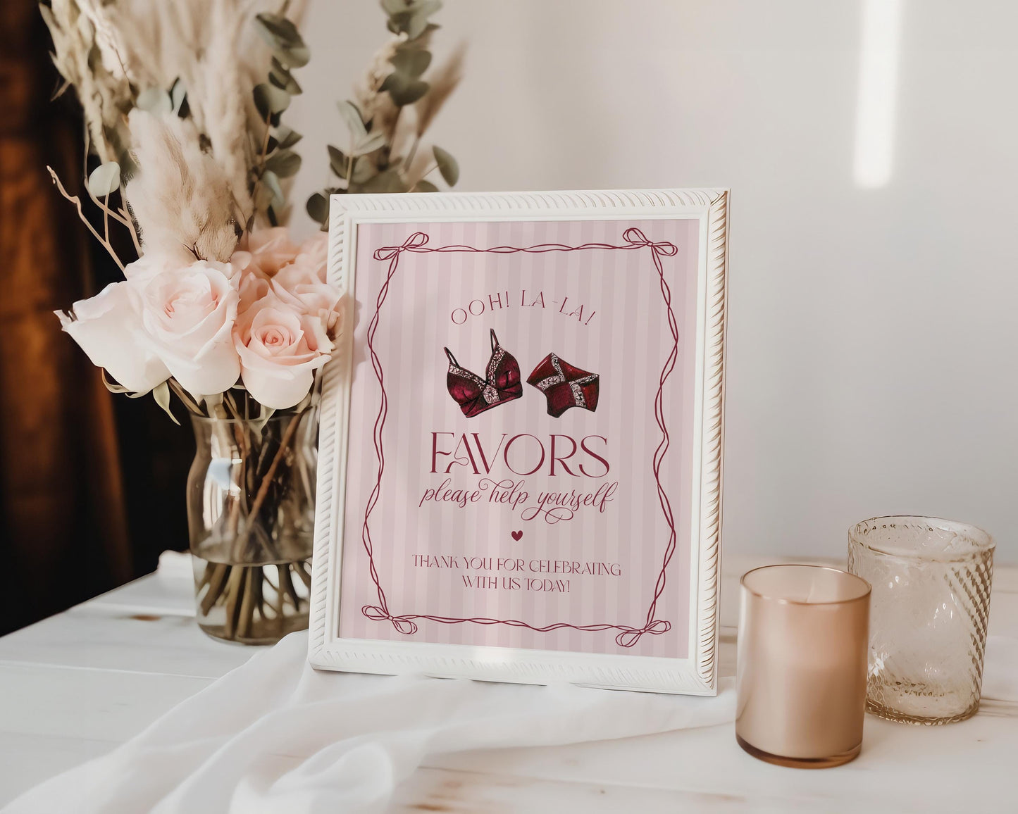 Burgundy Lingerie Shower Cards & Gifts Favors Sign Template, Lace Panty Party Bachelorette Party, Oh la la French Bridal Shower WP1076