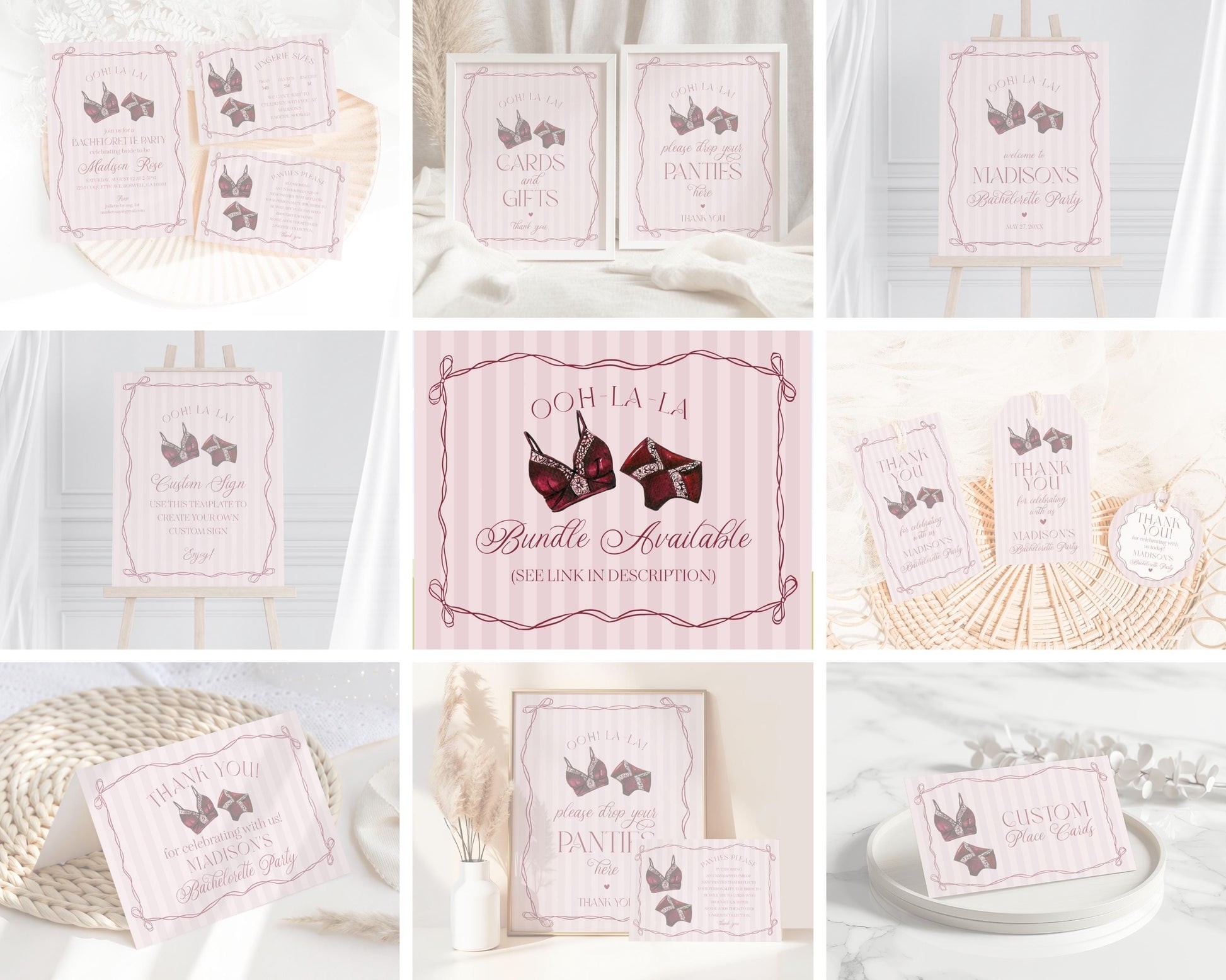 Burgundy Lingerie Shower Panties Please Game Template Set, Lace Panty Party Bachelorette Party, Oh la la French Bridal Shower WP1076