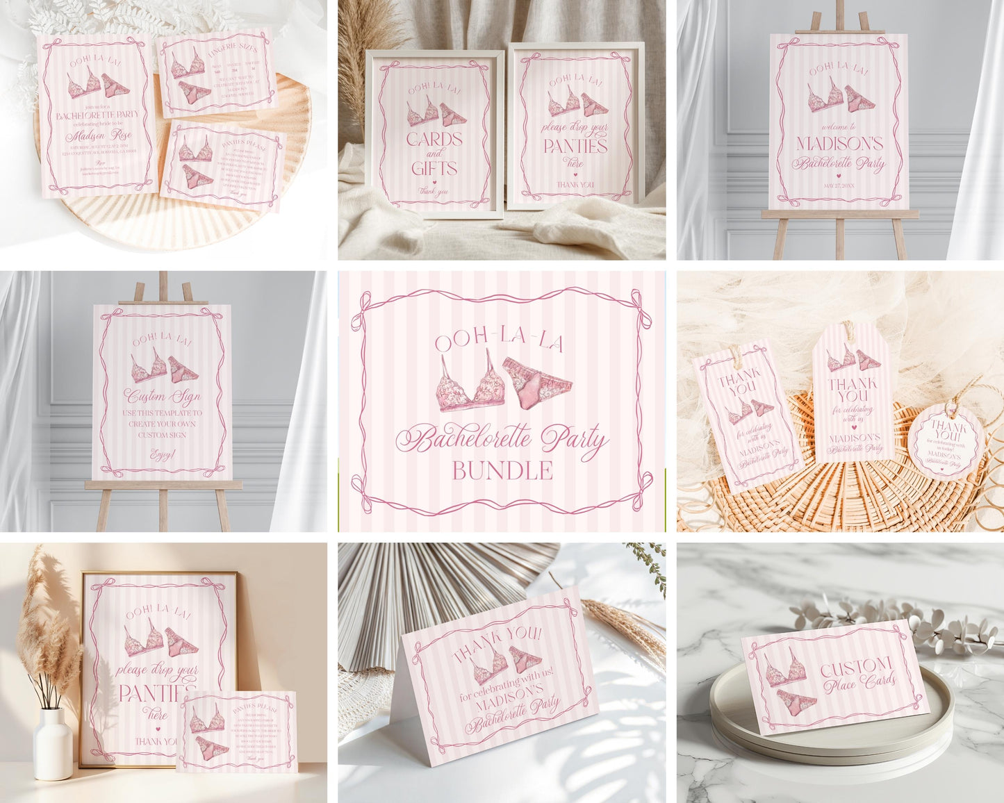 Pink Lingerie Bachelorette Bundle Template, Blush Pink Panty Party Lingerie Shower, Oh la la Lace Spoil Her Bridal Shower WP1078