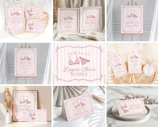 Pink Lingerie Shower Bundle Template, Blush Pink Panty Party Bachelorette Party, Oh la la Lace Spoil Her Bridal Shower WP1078
