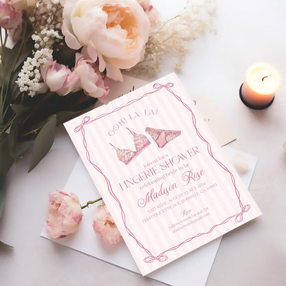 Pink Lingerie Shower Invitation Template, Blush Pink Panty Party Bachelorette Party, Oh la la Lace Spoil Her Bridal Shower WP1078