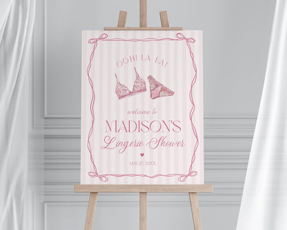Pink Lingerie Shower Welcome Sign Template, Blush Pink Panty Party Bachelorette Party, Oh la la Lace Spoil Her Bridal Shower WP1078