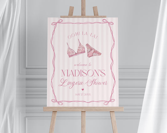 Pink Lingerie Shower Welcome Sign Template, Blush Pink Panty Party Bachelorette Party, Oh la la Lace Spoil Her Bridal Shower WP1078
