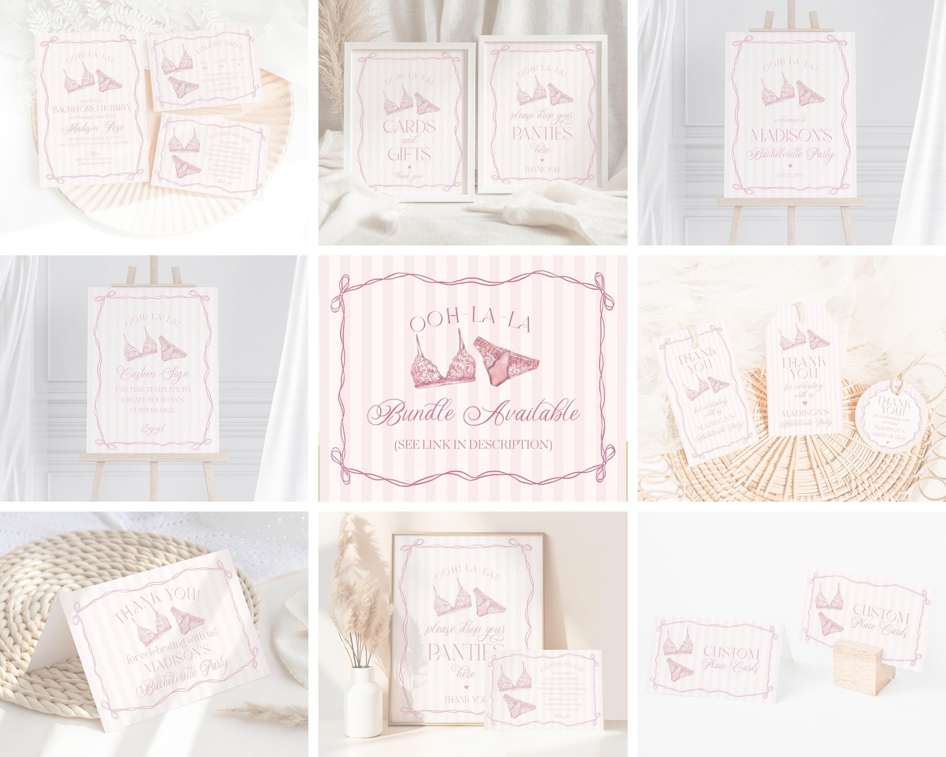 Pink Lingerie Shower Place Cards Template, Blush Pink Panty Party Bachelorette Party, Oh la la Lace Spoil Her Bridal Shower WP1078