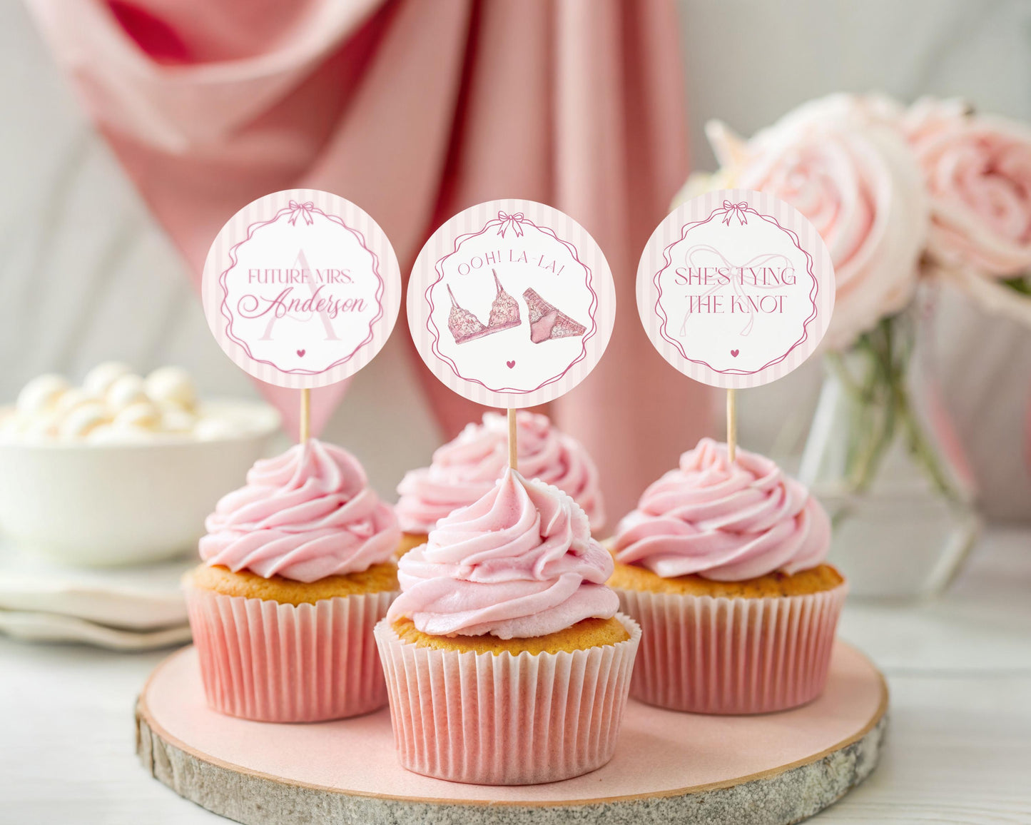 Pink Lingerie Shower Cupcake Topper Template, Blush Pink Panty Party Bachelorette Party, Oh la la Lace Spoil Her Bridal Shower WP1078