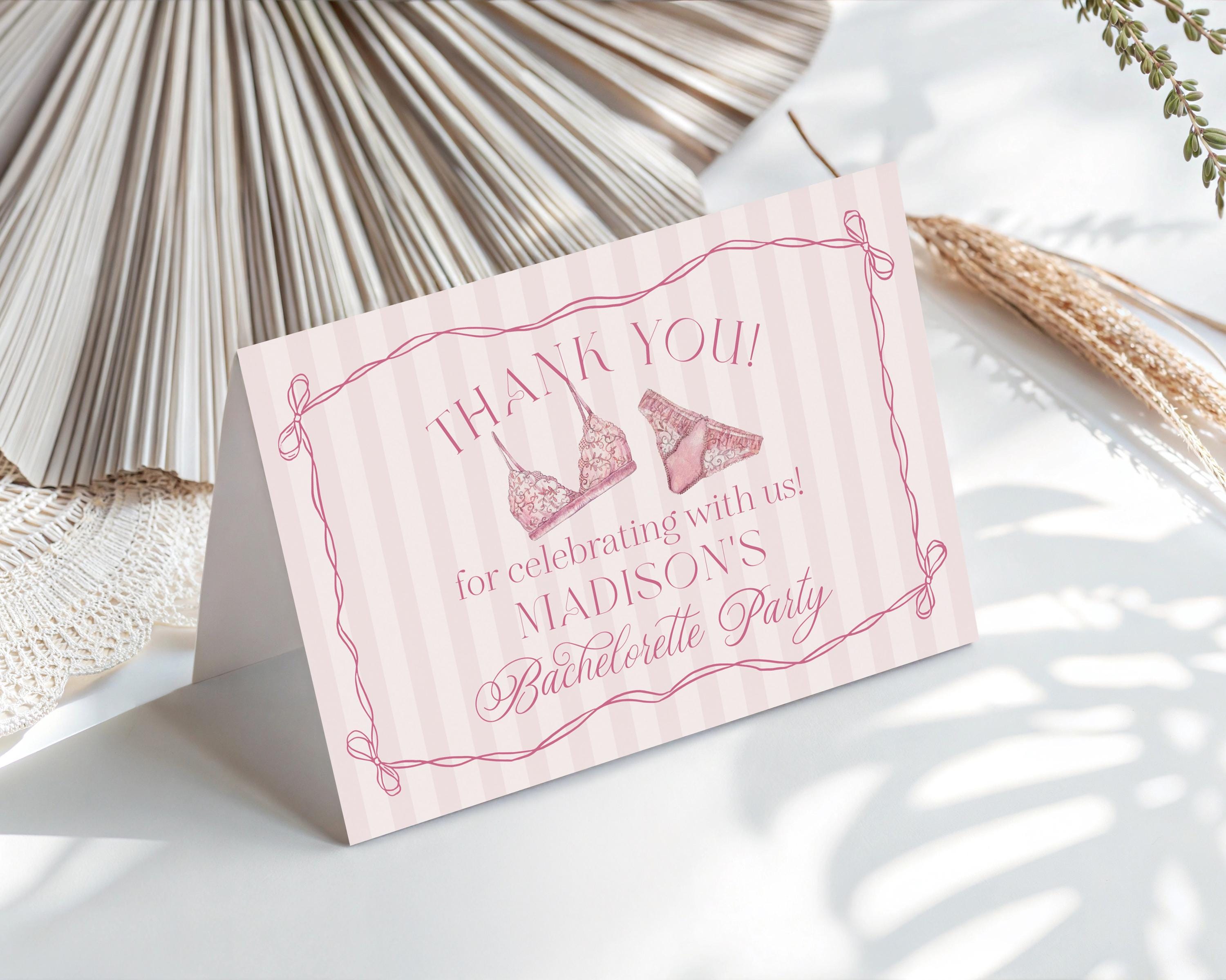 Pink Lingerie Shower Thank You Card Template, Blush Pink Panty Party Bachelorette Party, Oh la la Lace Spoil Her Bridal Shower WP1078