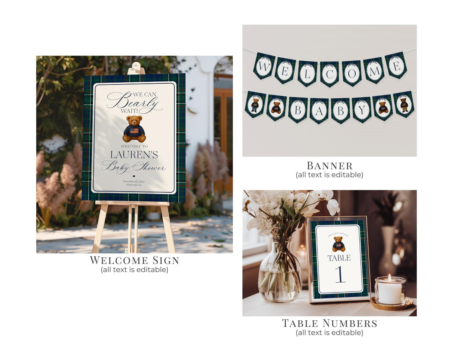 Preppy Bear Baby Shower Bundle Printable Template, We Can Bearly Wait Old Money Baby Sprinkle, Tartan Plaid Nesting Party WP1079