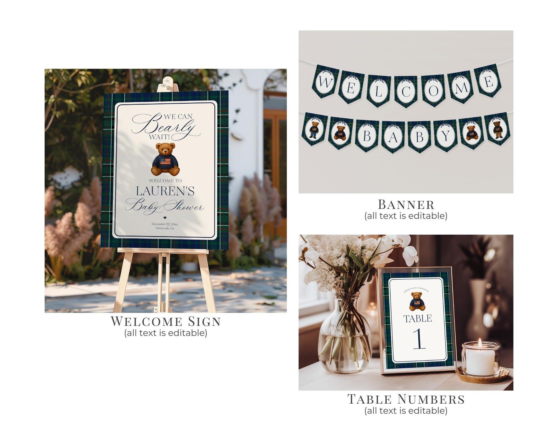 Preppy Bear Baby Shower Bundle Printable Template, We Can Bearly Wait Old Money Baby Sprinkle, Tartan Plaid Nesting Party WP1079
