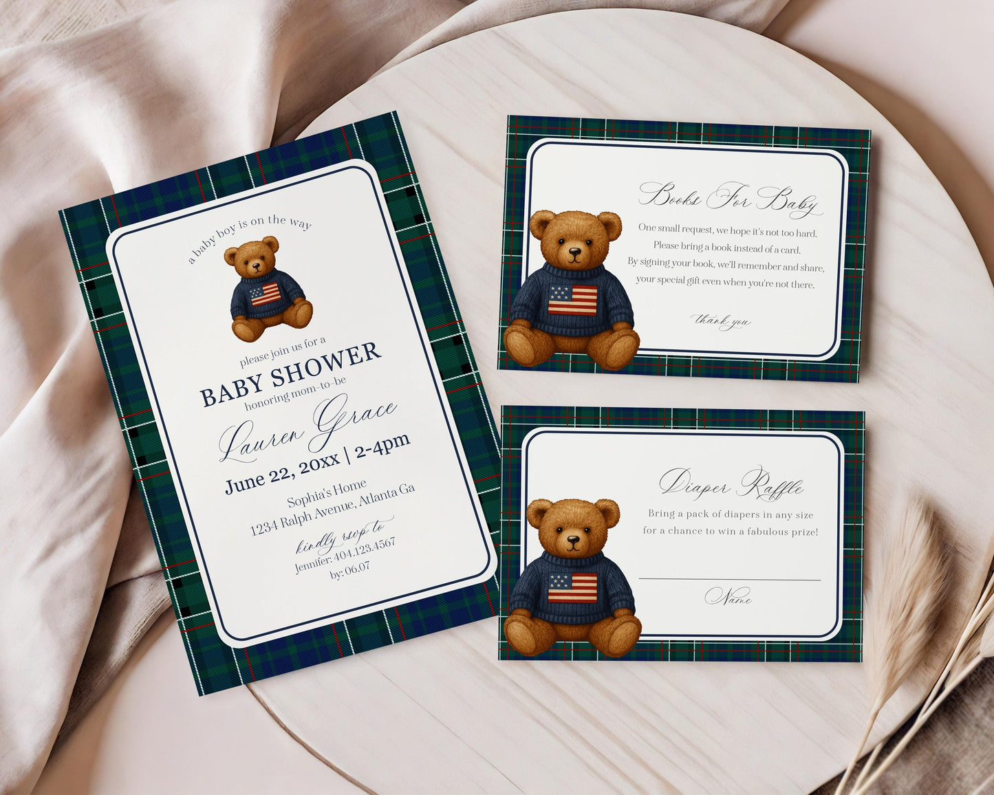 Preppy Bear Baby Shower Bundle Printable Template, We Can Bearly Wait Old Money Baby Sprinkle, Tartan Plaid Nesting Party WP1079
