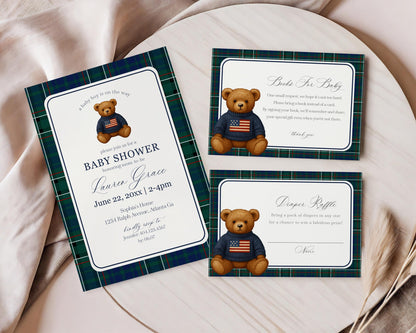 Preppy Bear Baby Shower Bundle Printable Template, We Can Bearly Wait Old Money Baby Sprinkle, Tartan Plaid Nesting Party WP1079