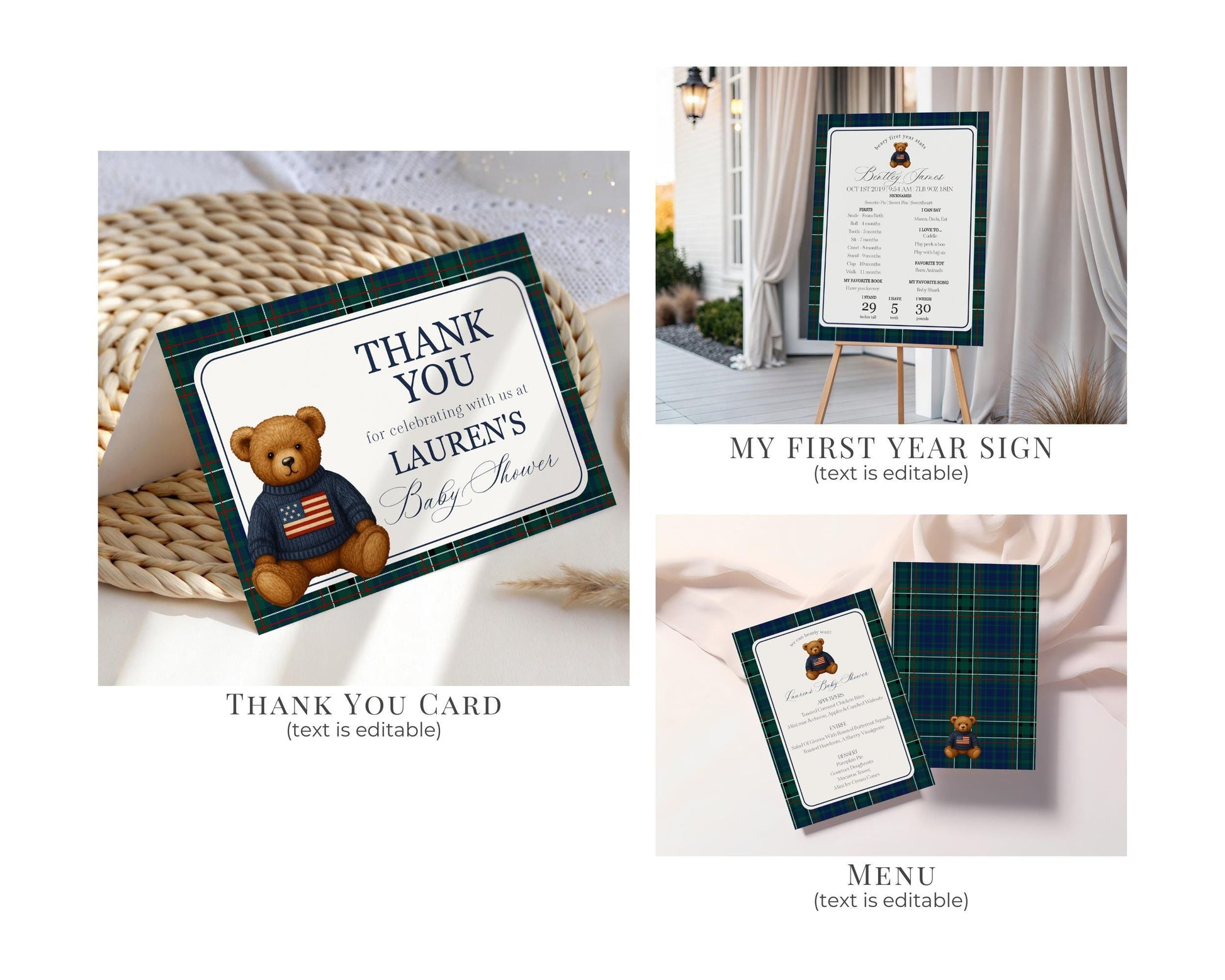 Preppy Bear 1st Birthday Bundle Printable Template, Beary First Birthday Decor, Old Money Birthday Party, Tartan Plaid Party Decor WP1079