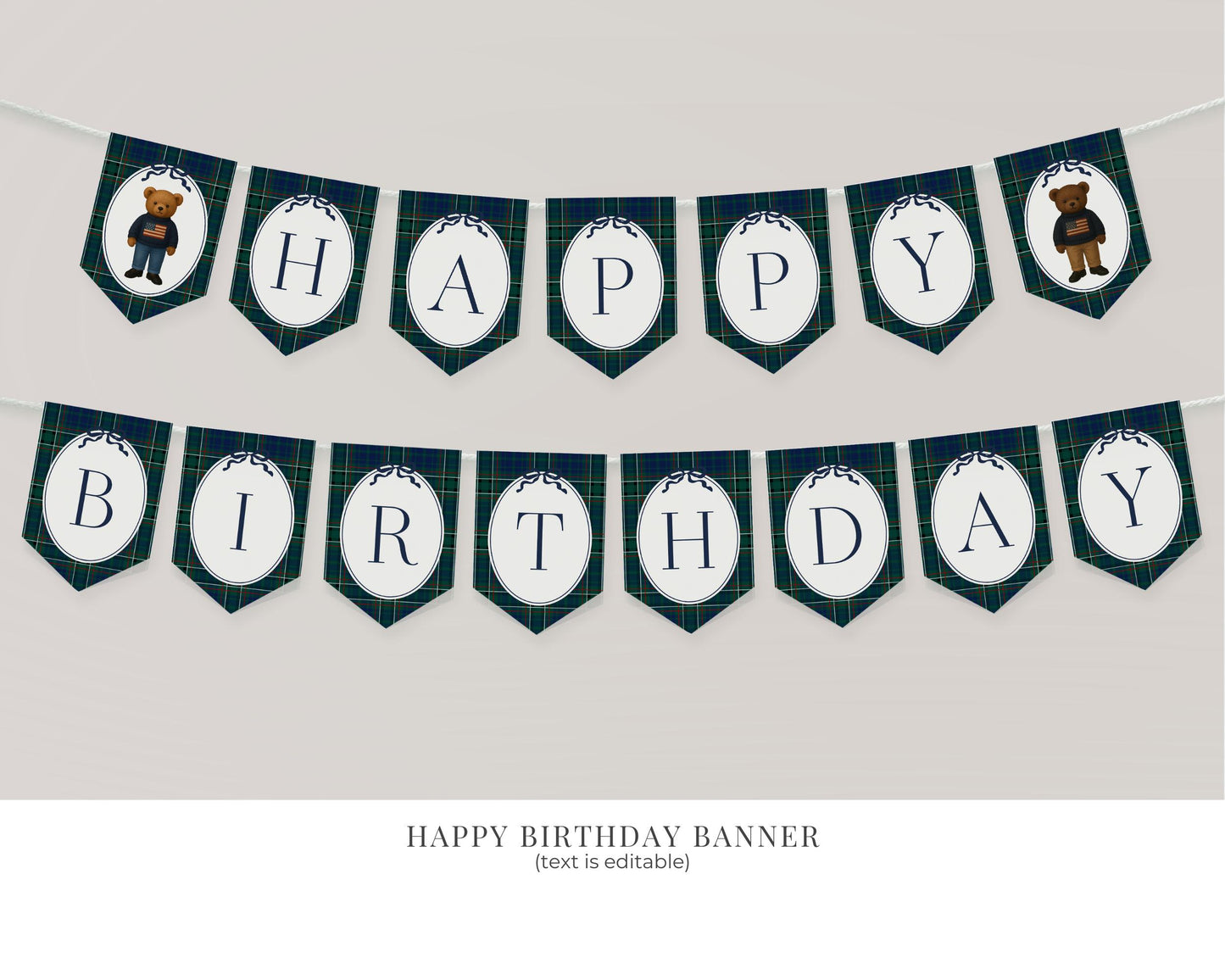 Preppy Bear 1st Birthday Bundle Printable Template, Beary First Birthday Decor, Old Money Birthday Party, Tartan Plaid Party Decor WP1079