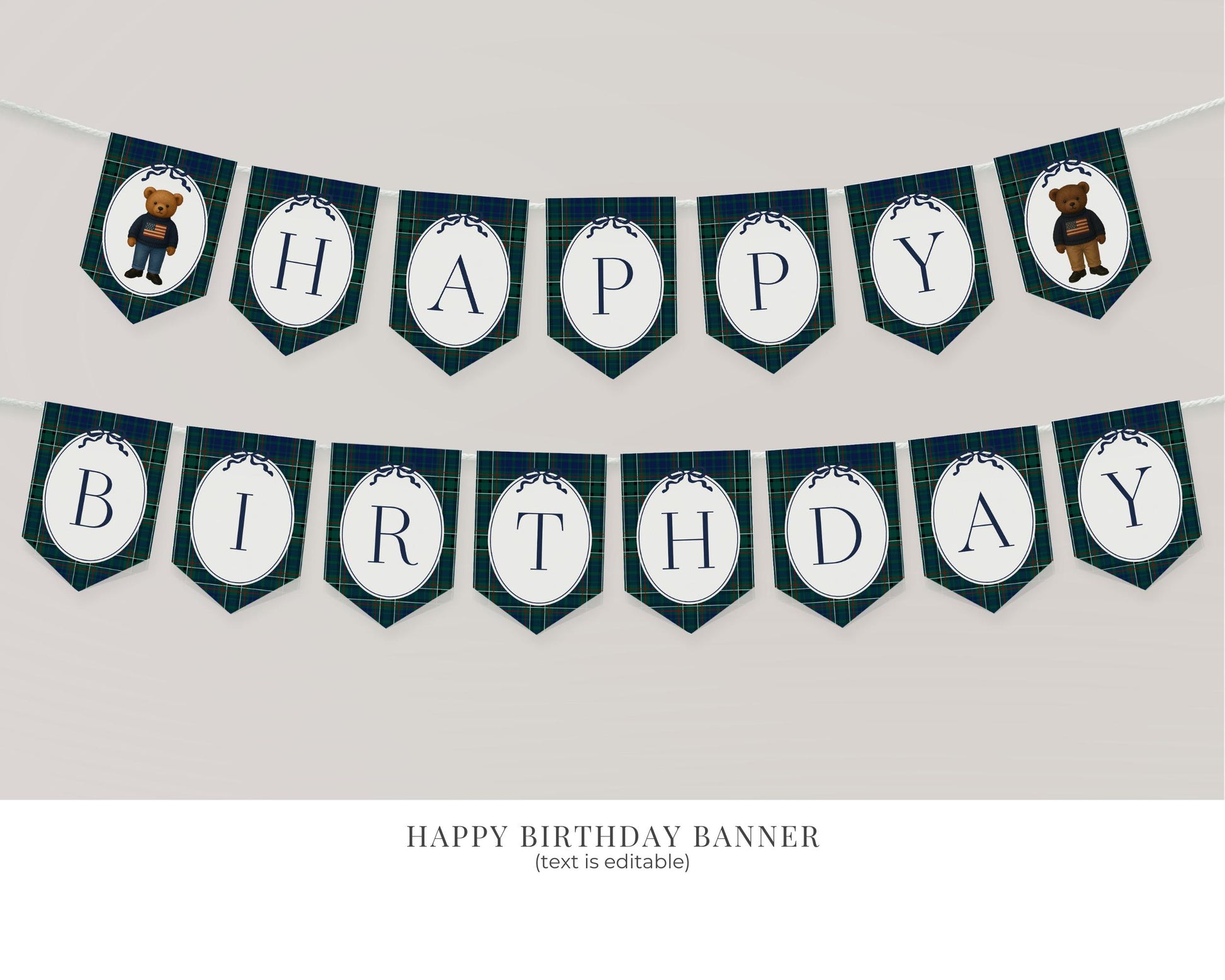 Preppy Bear 1st Birthday Bundle Printable Template, Beary First Birthday Decor, Old Money Birthday Party, Tartan Plaid Party Decor WP1079