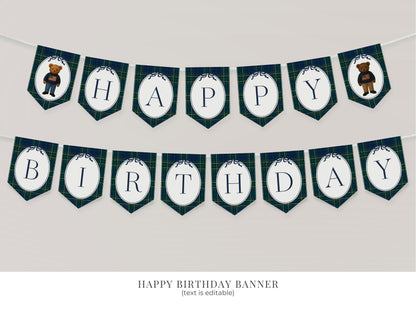 Preppy Bear 1st Birthday Bundle Printable Template, Beary First Birthday Decor, Old Money Birthday Party, Tartan Plaid Party Decor WP1079
