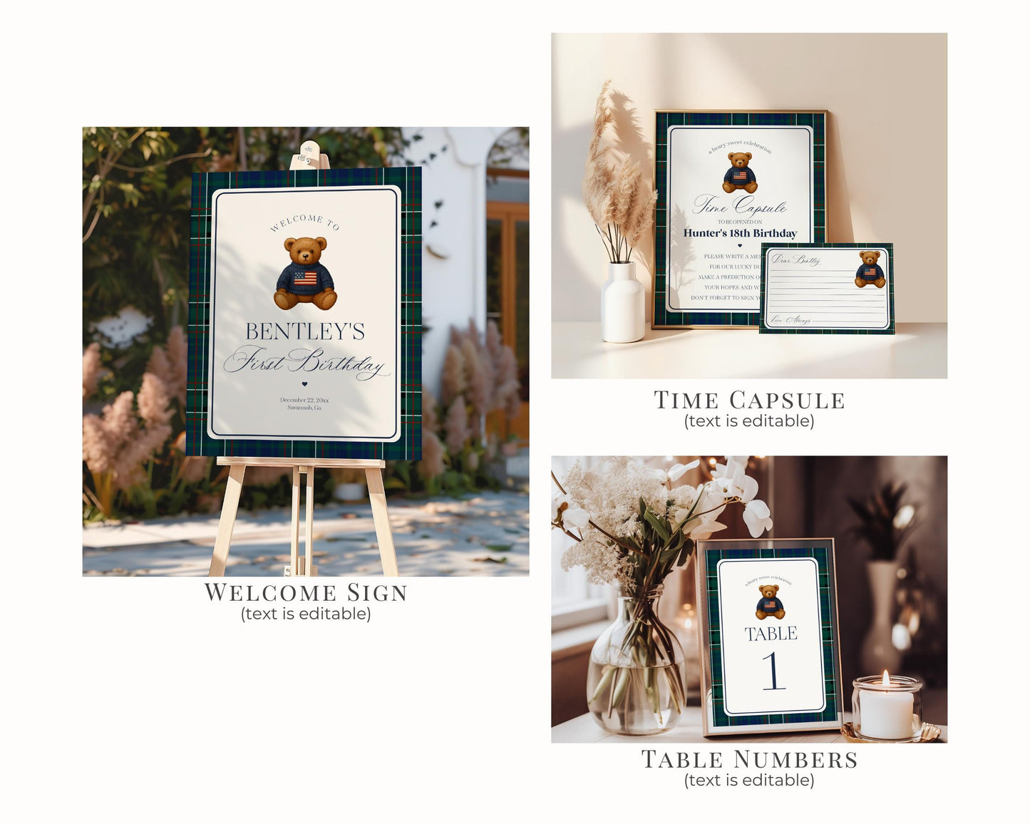 Preppy Bear Birthday Bundle Printable Template, Old Money Teddy Bear Birthday Party, Tartan Plaid Party Decorations WP1079