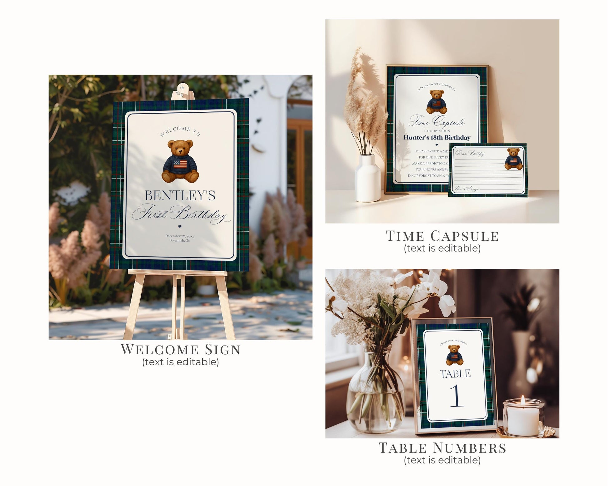 Preppy Bear Birthday Bundle Printable Template, Old Money Teddy Bear Birthday Party, Tartan Plaid Party Decorations WP1079