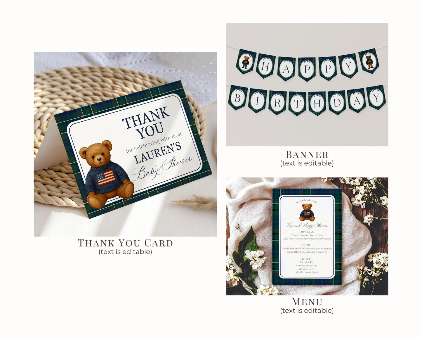 Preppy Bear Birthday Bundle Printable Template, Old Money Teddy Bear Birthday Party, Tartan Plaid Party Decorations WP1079