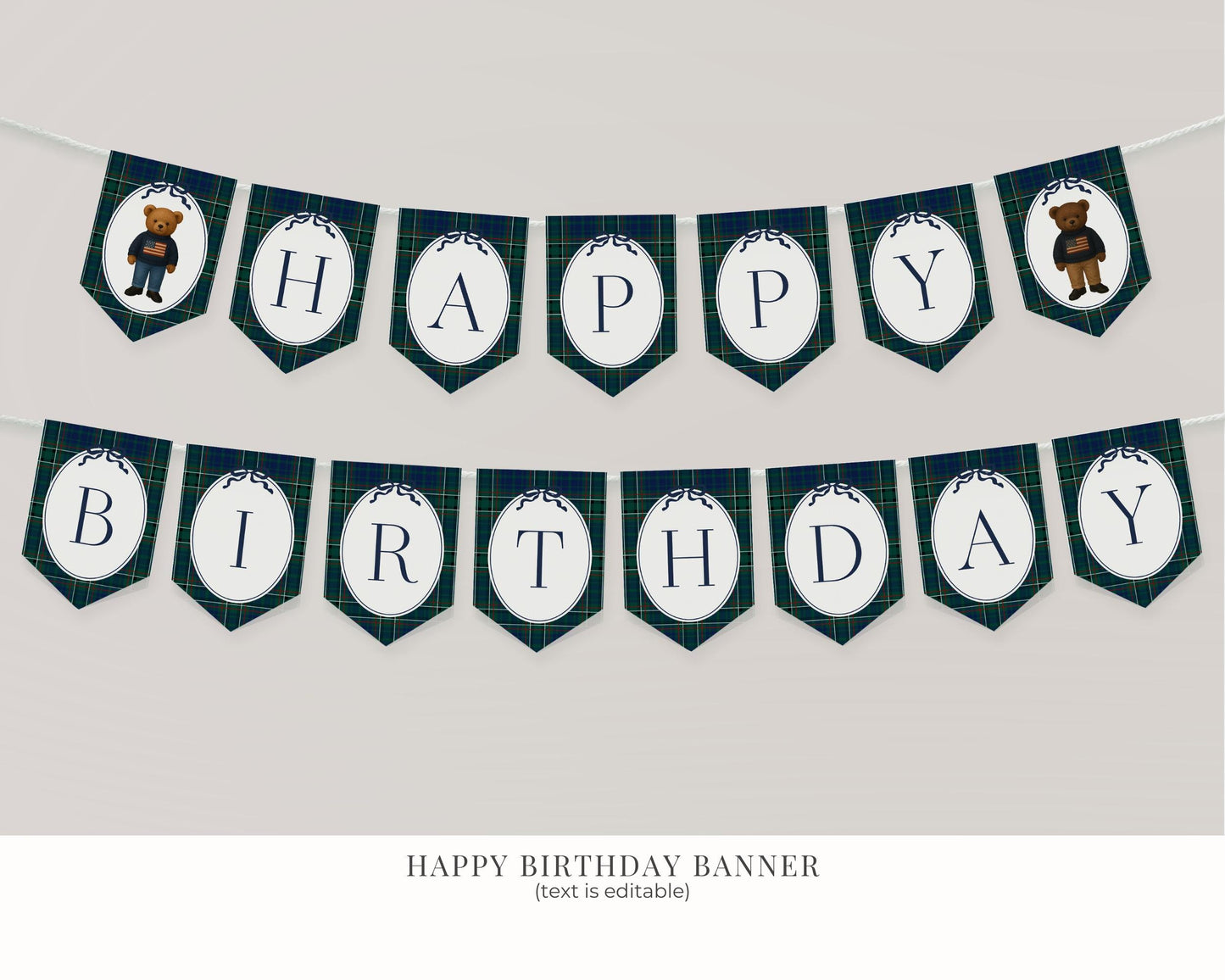 Preppy Bear Birthday Bundle Printable Template, Old Money Teddy Bear Birthday Party, Tartan Plaid Party Decorations WP1079