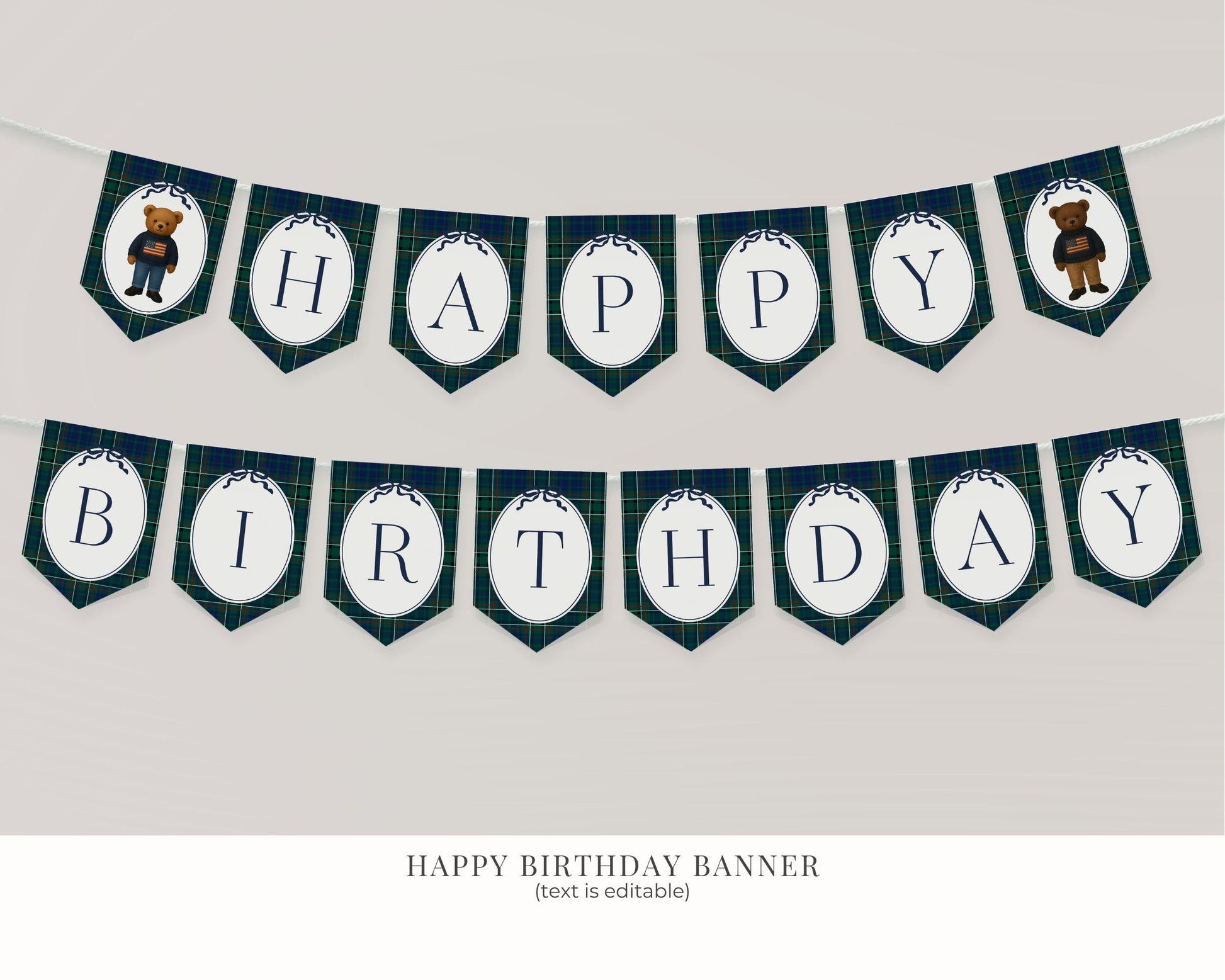 Preppy Bear Birthday Bundle Printable Template, Old Money Teddy Bear Birthday Party, Tartan Plaid Party Decorations WP1079