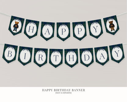 Preppy Bear Birthday Bundle Printable Template, Old Money Teddy Bear Birthday Party, Tartan Plaid Party Decorations WP1079