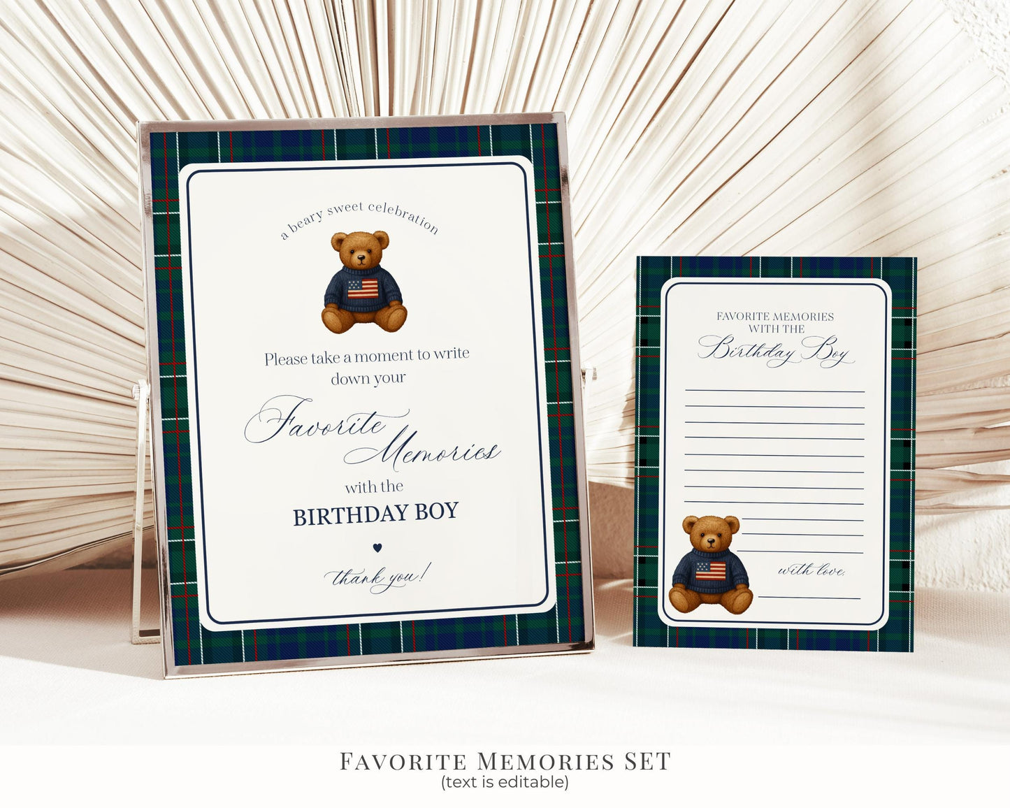 Preppy Bear Birthday Bundle Printable Template, Old Money Teddy Bear Birthday Party, Tartan Plaid Party Decorations WP1079