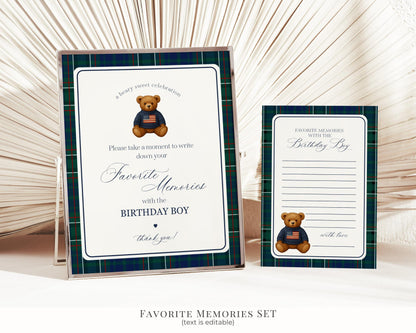 Preppy Bear Birthday Bundle Printable Template, Old Money Teddy Bear Birthday Party, Tartan Plaid Party Decorations WP1079