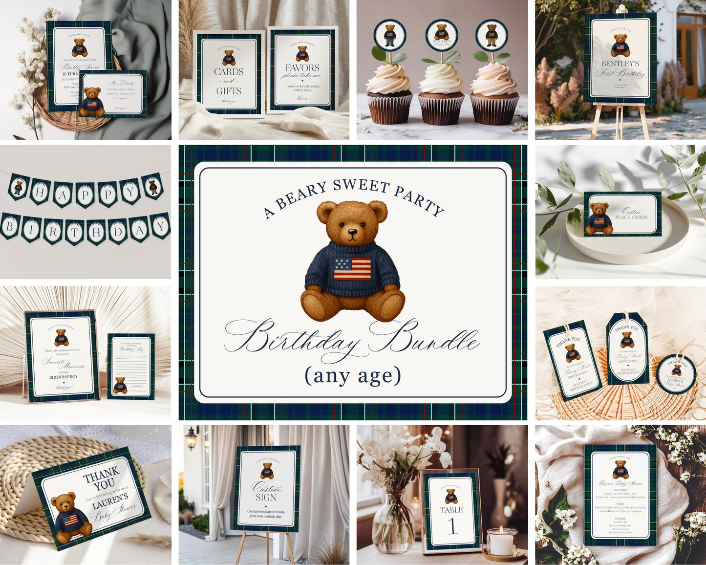 Preppy Bear Birthday Bundle Printable Template, Old Money Teddy Bear Birthday Party, Tartan Plaid Party Decorations WP1079