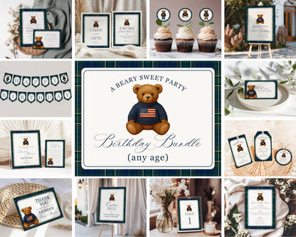 Preppy Bear Birthday Bundle Printable Template, Old Money Teddy Bear Birthday Party, Tartan Plaid Party Decorations WP1079