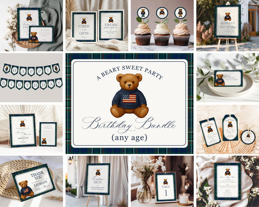 Preppy Bear Birthday Bundle Printable Template, Old Money Teddy Bear Birthday Party, Tartan Plaid Party Decorations WP1079