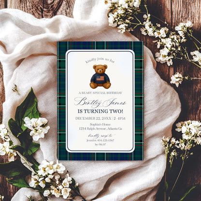 Preppy Bear Birthday Bundle Printable Template, Old Money Teddy Bear Birthday Party, Tartan Plaid Party Decorations WP1079