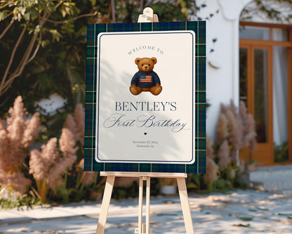 Preppy Bear Birthday Bundle Printable Template, Old Money Teddy Bear Birthday Party, Tartan Plaid Party Decorations WP1079