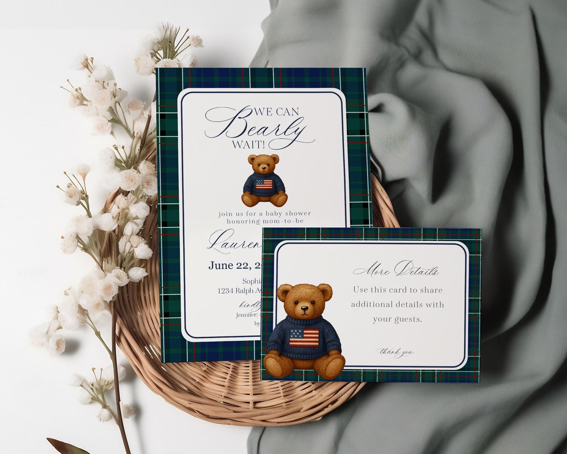 Preppy Bear Baby Shower Invitation Printable Template, We Can Bearly Wait Old Money Baby Sprinkle, Tartan Plaid Nesting Party WP1079
