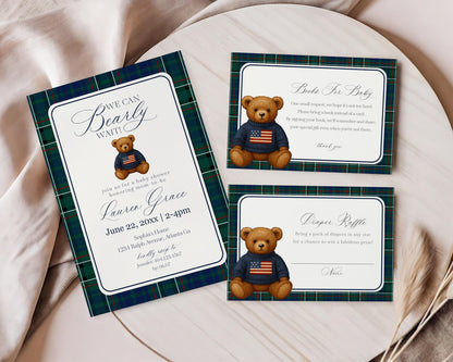 Preppy Bear Baby Shower Invitation Printable Template, We Can Bearly Wait Old Money Baby Sprinkle, Tartan Plaid Nesting Party WP1079