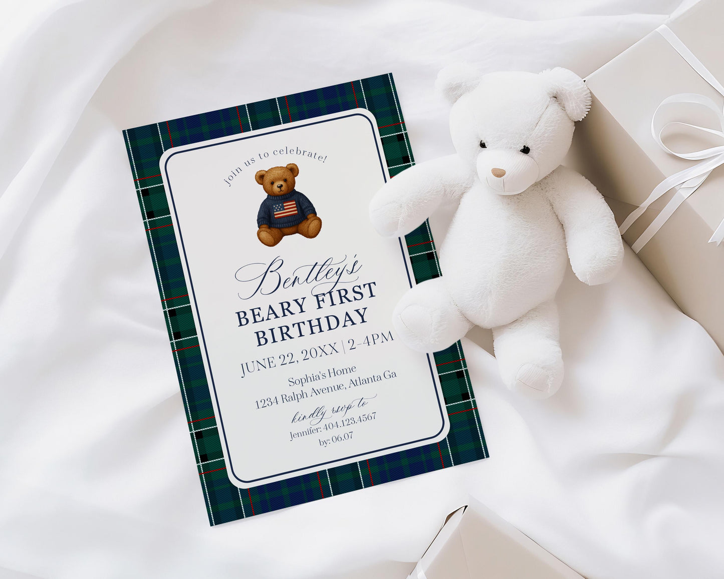Preppy Bear 1st Birthday Invite Printable Template, Beary First Birthday Decor, Old Money Birthday Party, Tartan Plaid Party Decor WP1079