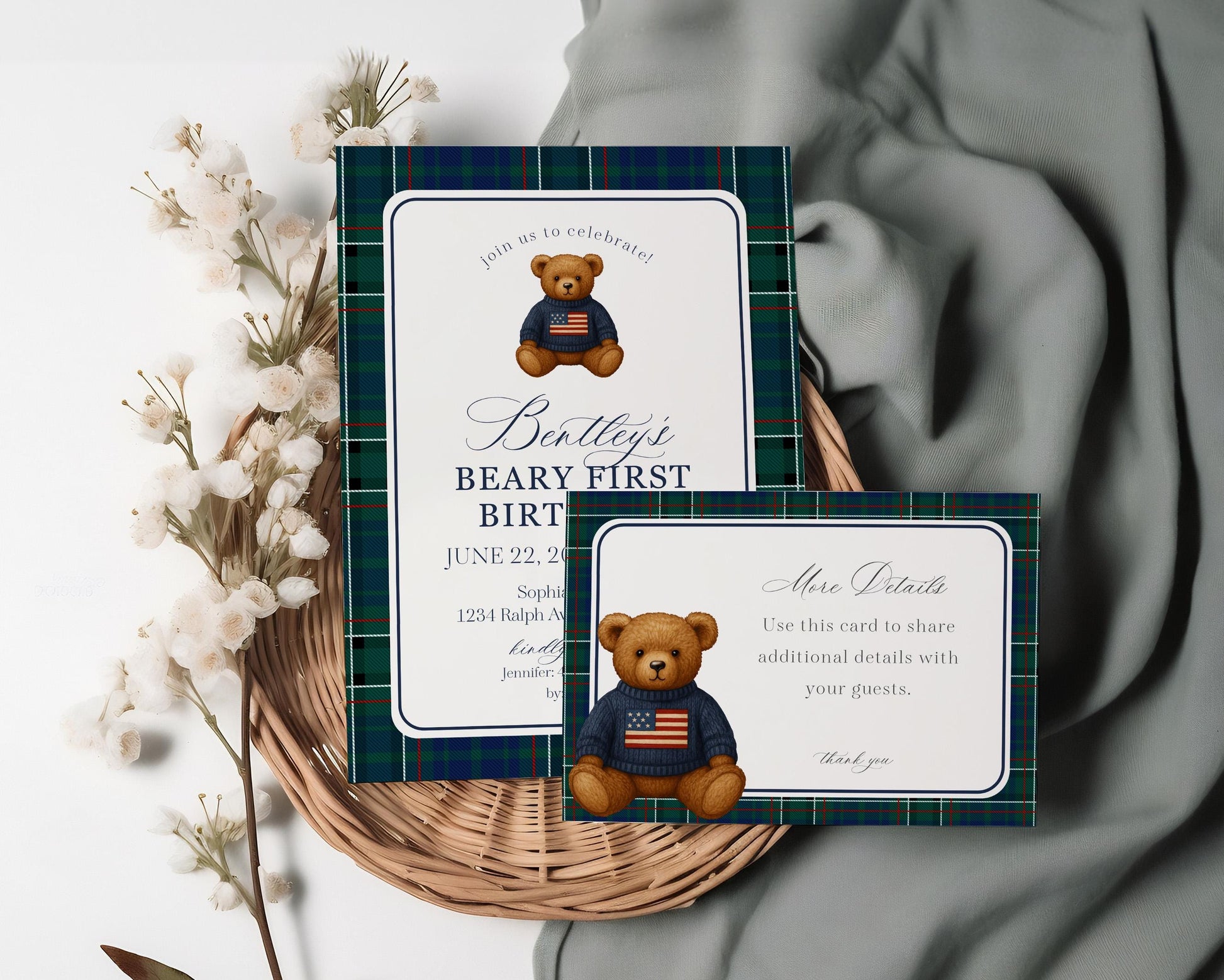 Preppy Bear 1st Birthday Invite Printable Template, Beary First Birthday Decor, Old Money Birthday Party, Tartan Plaid Party Decor WP1079