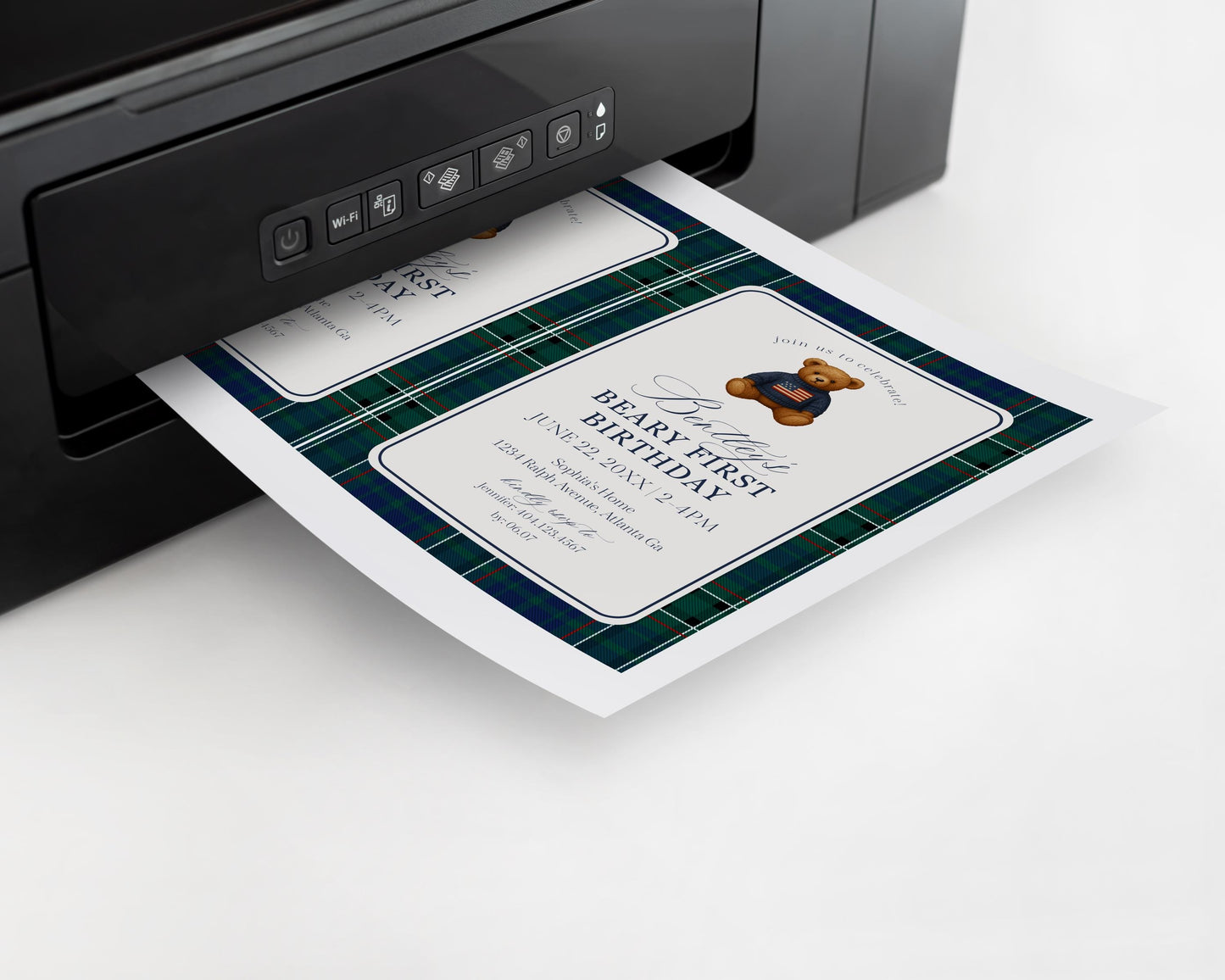 Preppy Bear 1st Birthday Invite Printable Template, Beary First Birthday Decor, Old Money Birthday Party, Tartan Plaid Party Decor WP1079