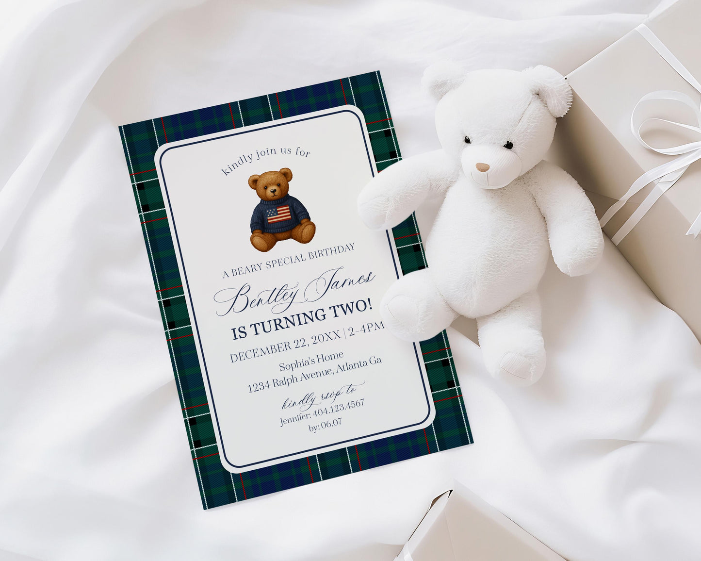 Preppy Bear Birthday Invite Printable Template, Old Money Teddy Bear Birthday Party, Tartan Plaid Party Decorations WP1079