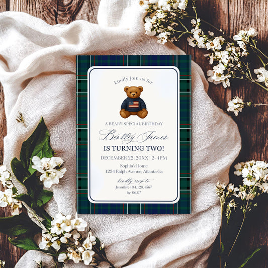 Preppy Bear Birthday Invite Printable Template, Old Money Teddy Bear Birthday Party, Tartan Plaid Party Decorations WP1079