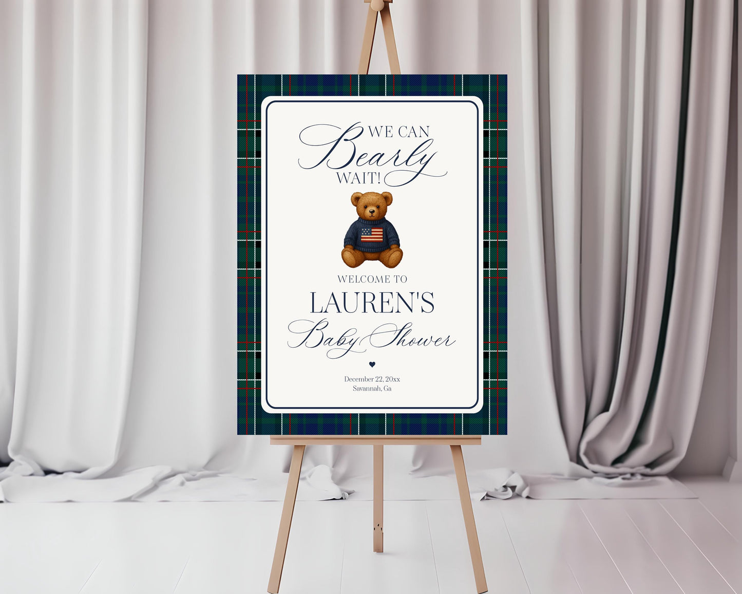 Preppy Bear Baby Shower Welcome Sign Template, We Can Bearly Wait Old Money Baby Sprinkle, Tartan Plaid Nesting Party WP1079