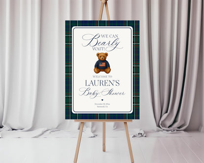 Preppy Bear Baby Shower Welcome Sign Template, We Can Bearly Wait Old Money Baby Sprinkle, Tartan Plaid Nesting Party WP1079