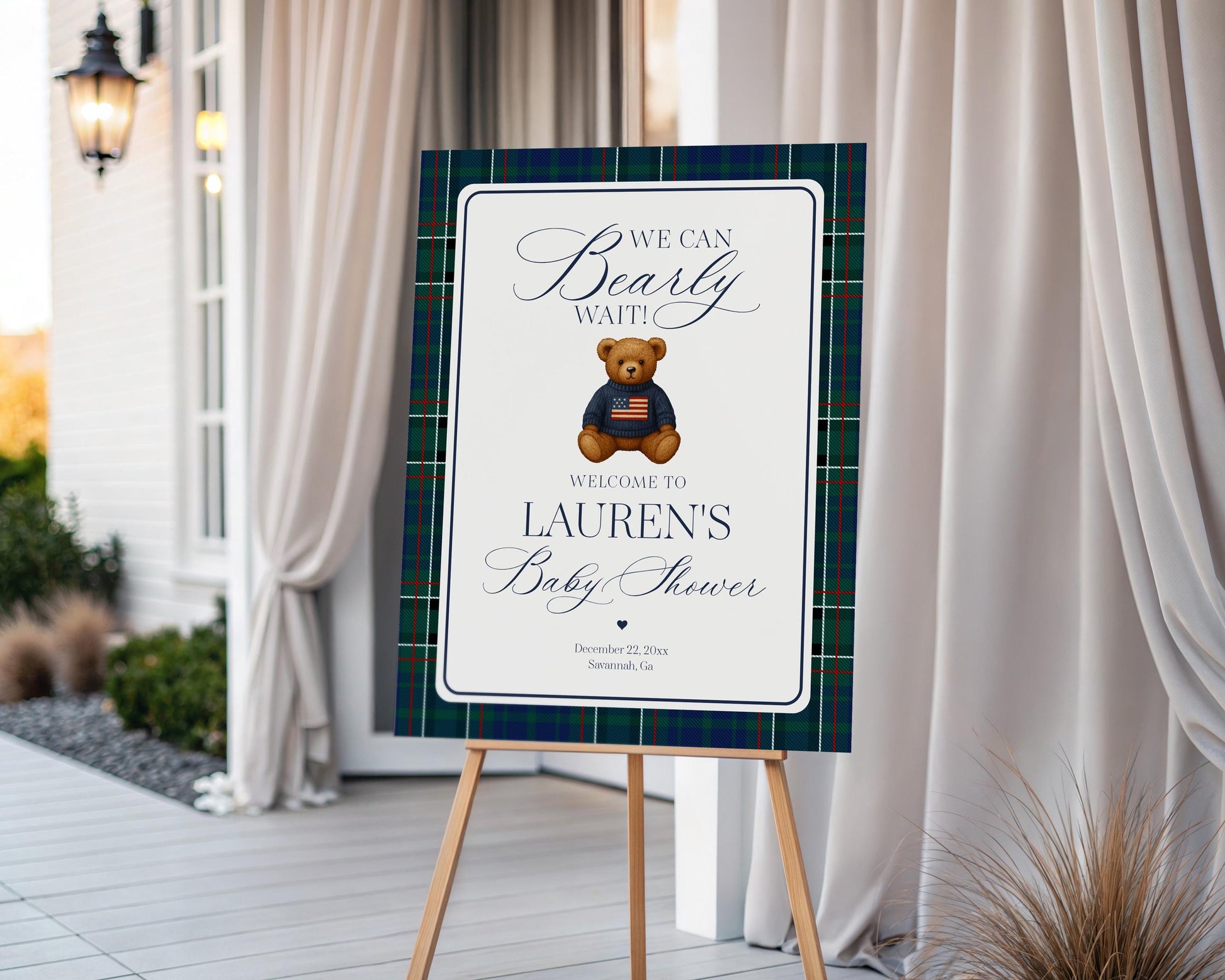 Preppy Bear Baby Shower Welcome Sign Template, We Can Bearly Wait Old Money Baby Sprinkle, Tartan Plaid Nesting Party WP1079