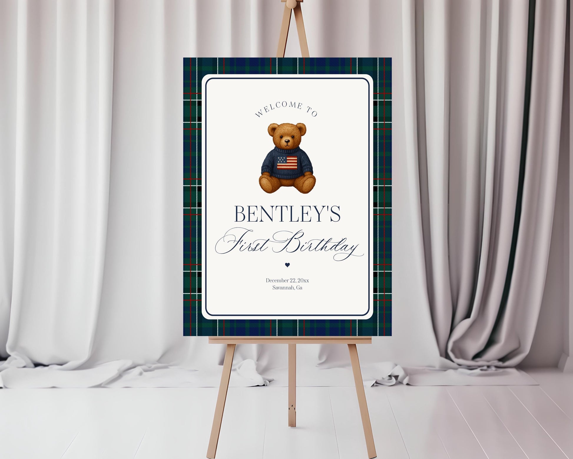 Preppy Bear Birthday Party Welcome Sign Template, Beary First Birthday Decor, Old Money Birthday Party, Tartan Plaid Party Decoration WP1079