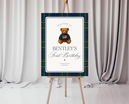 Preppy Bear Birthday Party Welcome Sign Template, Beary First Birthday Decor, Old Money Birthday Party, Tartan Plaid Party Decoration WP1079