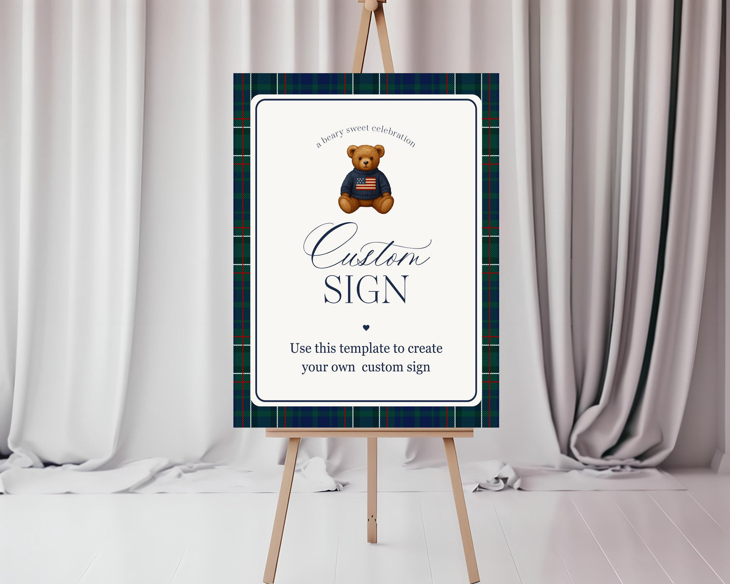 Preppy Bear Custom Sign Template, We Can Bearly Wait Old Money Baby Shower, Beary First Tartan Plaid Birthday Party, Polo Club Party WP1079