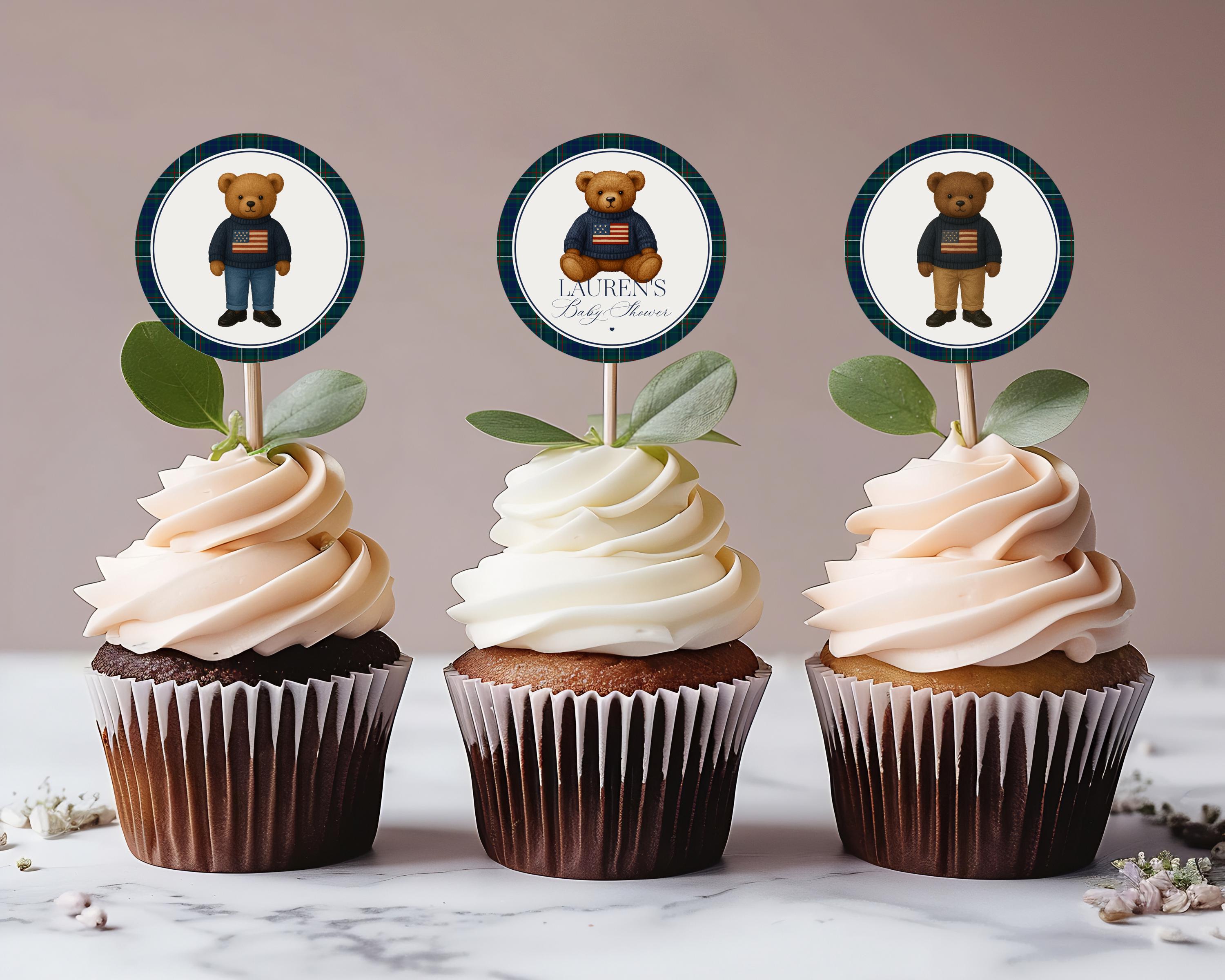 Preppy Bear Baby Shower Cupcake Toppers Template, We Can Bearly Wait Old Money Baby Sprinkle, Tartan Plaid Polo Club Nesting Party WP1079